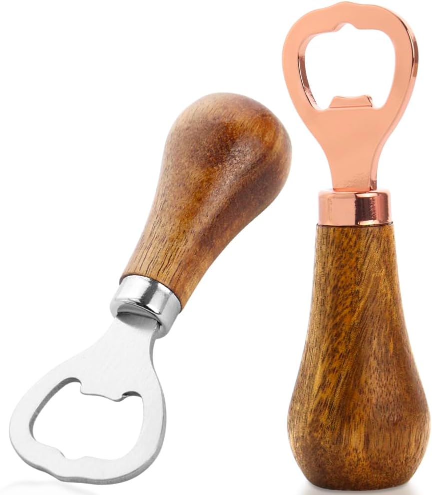 2 Pack Wooden Handle Bottle Opener | Vintage Stainless Steel Beer Drink Opener (Rose Gold + Silver)