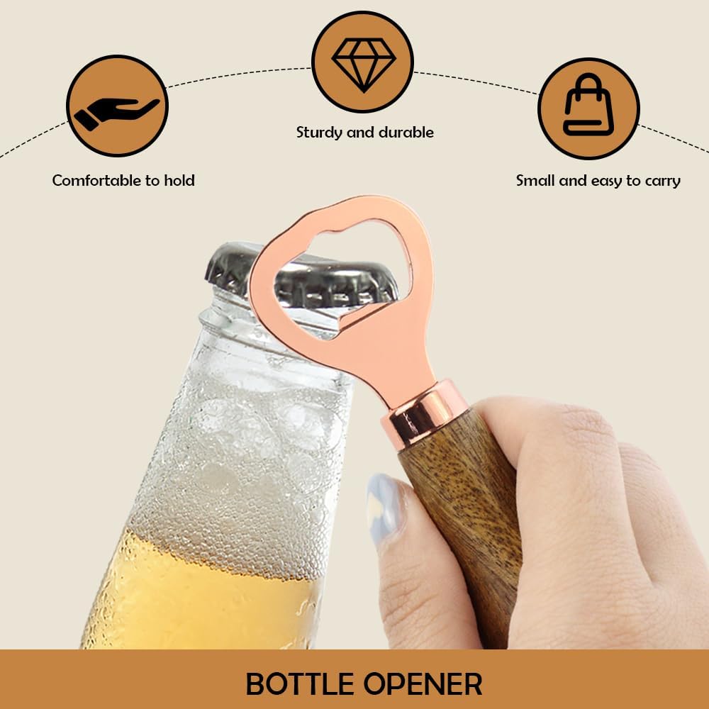 2 Pack Wooden Handle Bottle Opener | Vintage Stainless Steel Beer Drink Opener (Rose Gold + Silver)