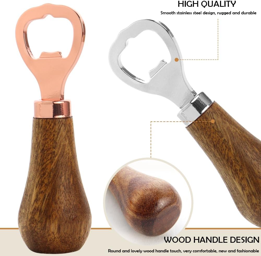 2 Pack Wooden Handle Bottle Opener | Vintage Stainless Steel Beer Drink Opener (Rose Gold + Silver)