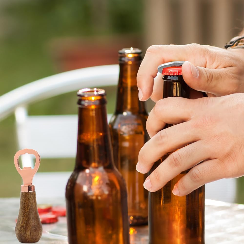 2 Pack Wooden Handle Bottle Opener | Vintage Stainless Steel Beer Drink Opener (Rose Gold + Silver)